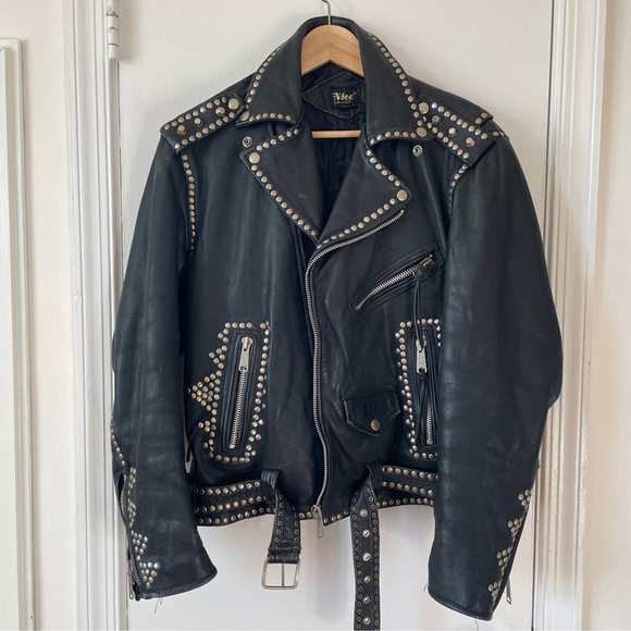 Vintage Jackets & Blazers - Vintage Nice London Studded black leather motorcycle jacket moto coat M